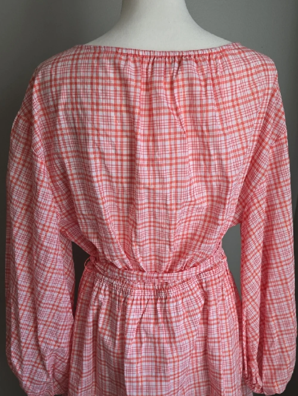 Michael Kors Coral Pink Plaid V-Neck Tie-Waist Mini Dress Size Large NWOT